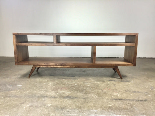 Front view of the Bacon console, a handcrafted walnut centerpiece with heirloom quality and mid-century modern design.