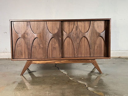 Front view of the BRC credenza, handcrafted from walnut in a mid-century modern style with two sliding solid wood doors