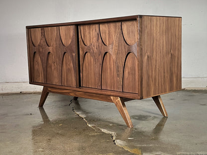 Close-up of the BRC credenza’s sliding solid wood doors, designed for smooth functionality and timeless mid-century modern appeal