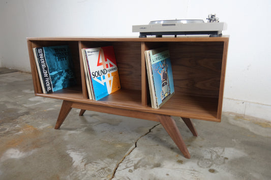 View of the Dabble console showcasing its sleek profile, solid walnut construction, and timeless craftsmanship