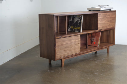 Side view of the DoubleUp console showcasing its mid-century modern design, solid construction, and clean lines