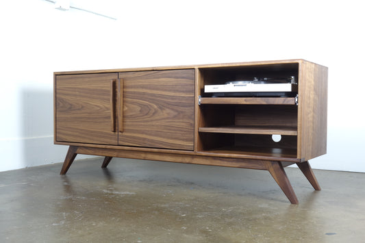 Side view of the GoldenGirl credenza showcasing its handcrafted walnut construction, clean lines, and timeless mid-century modern design