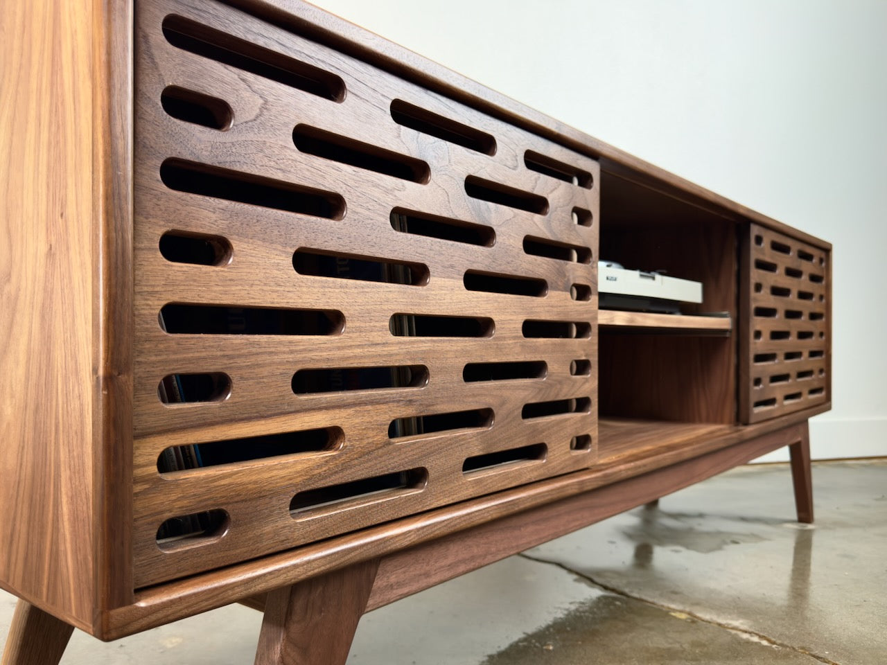 Greyboy walnut console door detail clean flat front mid century modern