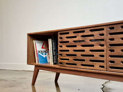 Greyboy walnut console interior storage shelving detail