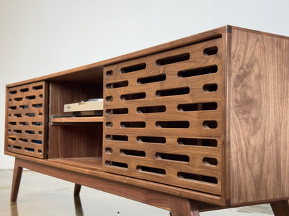 Greyboy walnut console close up wood grain detail