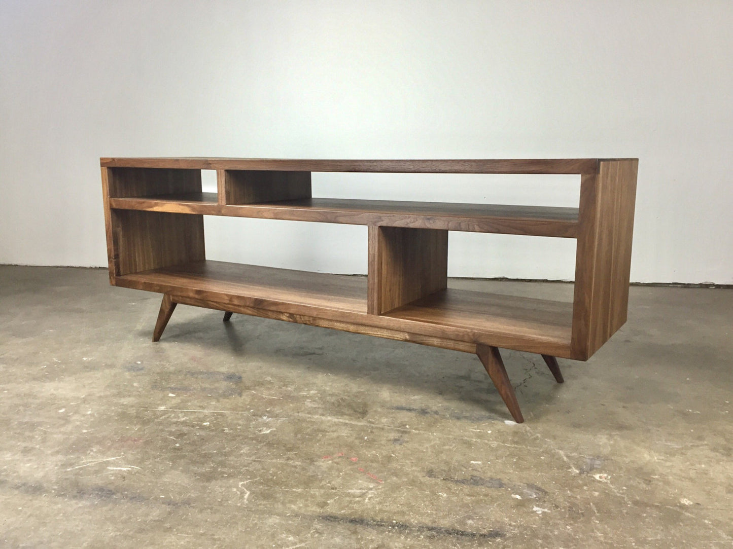 Side view of the Bacon console, showing its handcrafted walnut construction and timeless mid-century modern appeal.