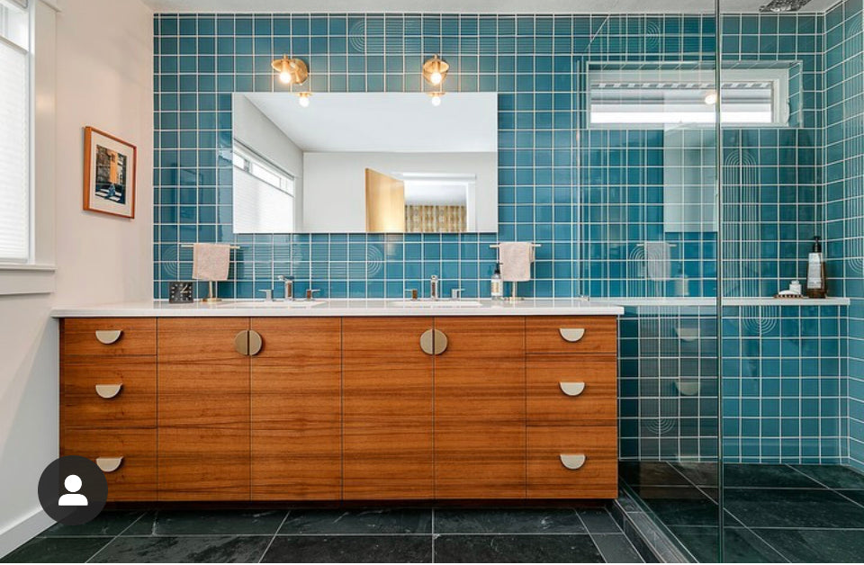 Front view of the mid-century modern bathroom vanity with two sinks and a single drawer bank, crafted in real wood veneer