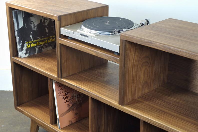 Walnut record player console vinyl storage detail mid century modern