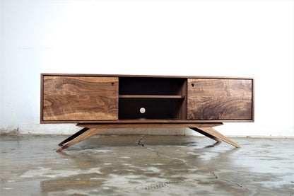 Close-up of the mid-century modern inspired legs on the Sonic Reducer credenza, crafted for durability and style