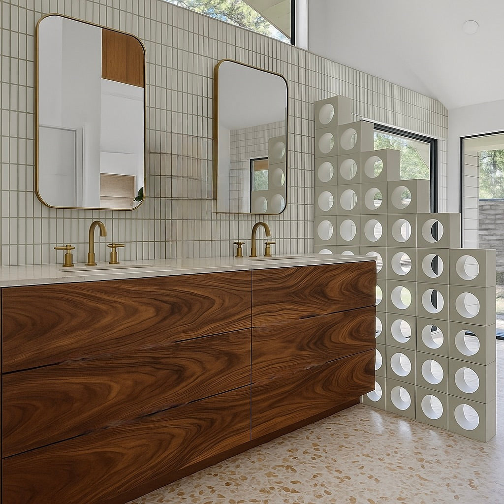 Walnut base double sink vanity angled view mid century modern