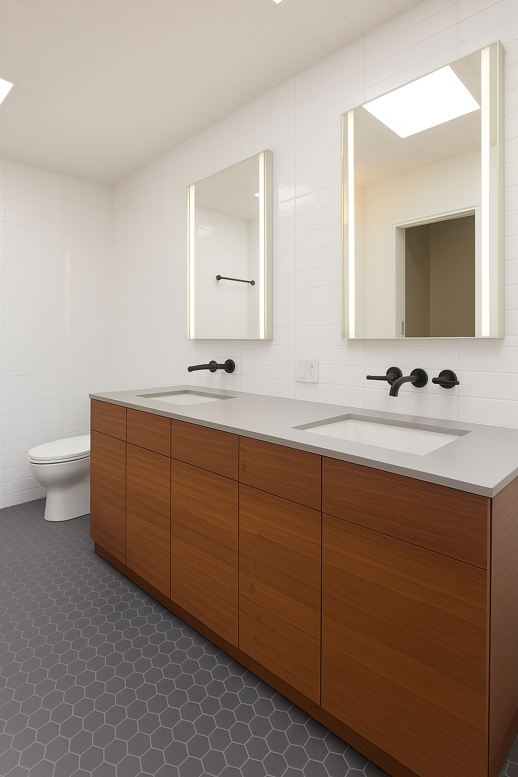 Walnut base double sink bathroom vanity front view mid century modern