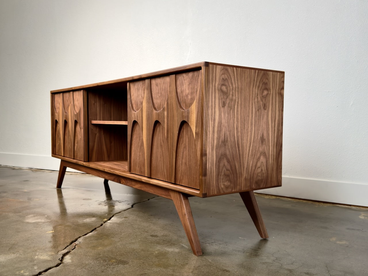 Walnut Brasilia door credenza angled view mid century modern