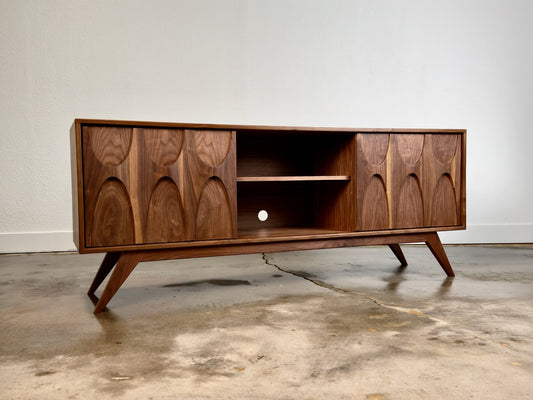 Walnut Brasilia door credenza mid century modern with sculpted doors