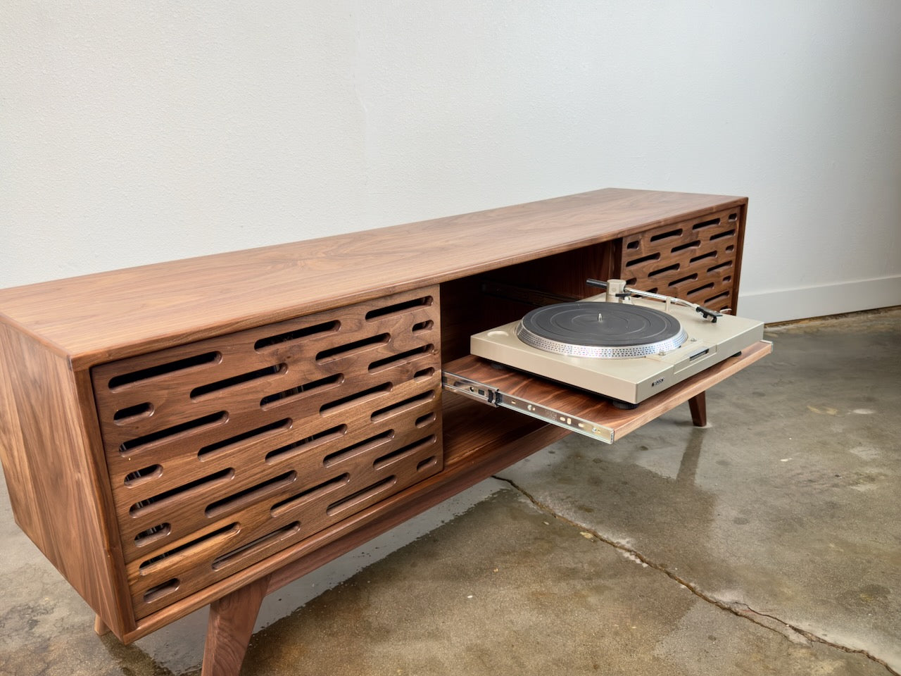 Greyboy walnut console top surface detail mid century modern