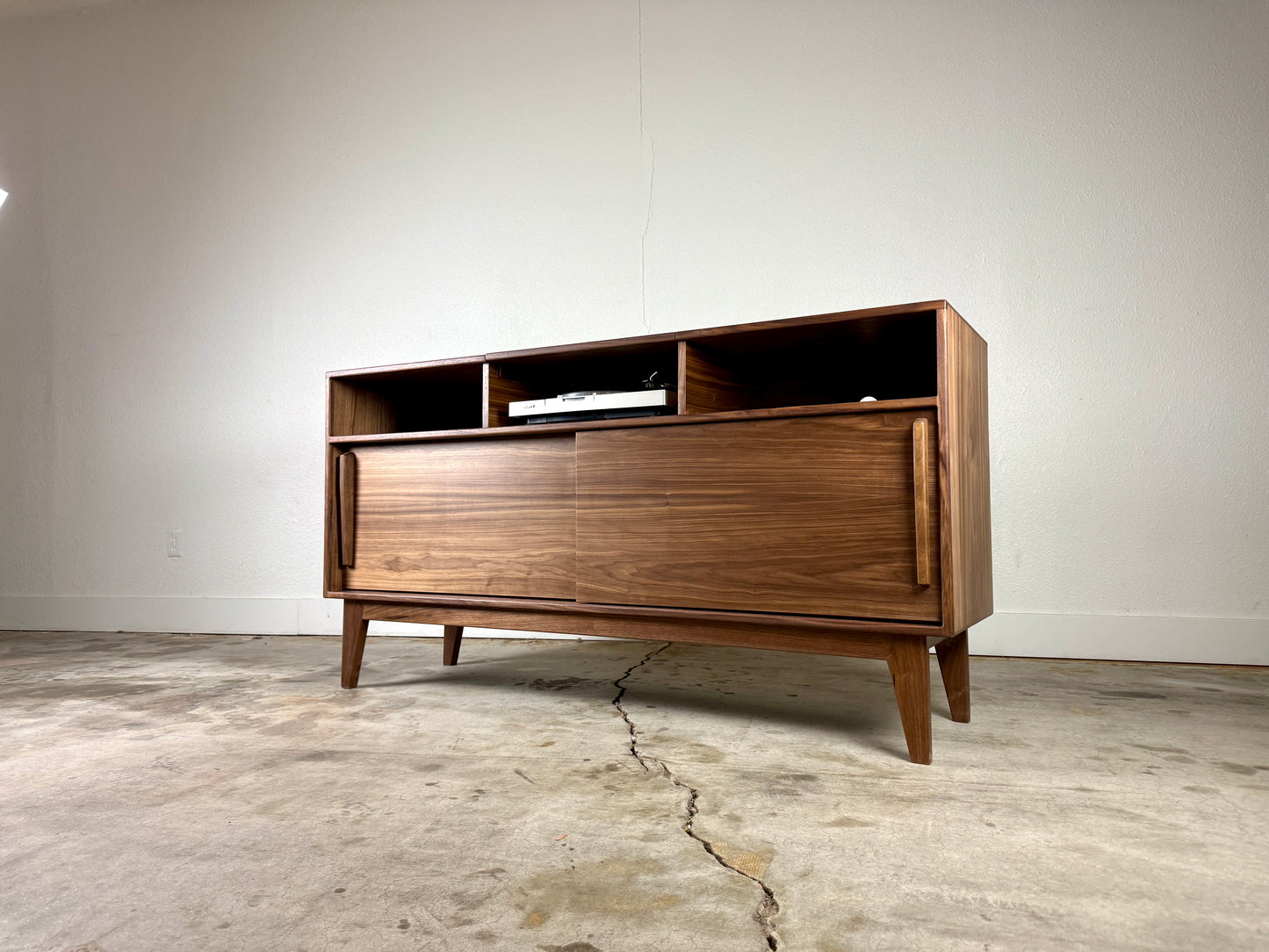 Walnut Zeke console angled view mid century modern
