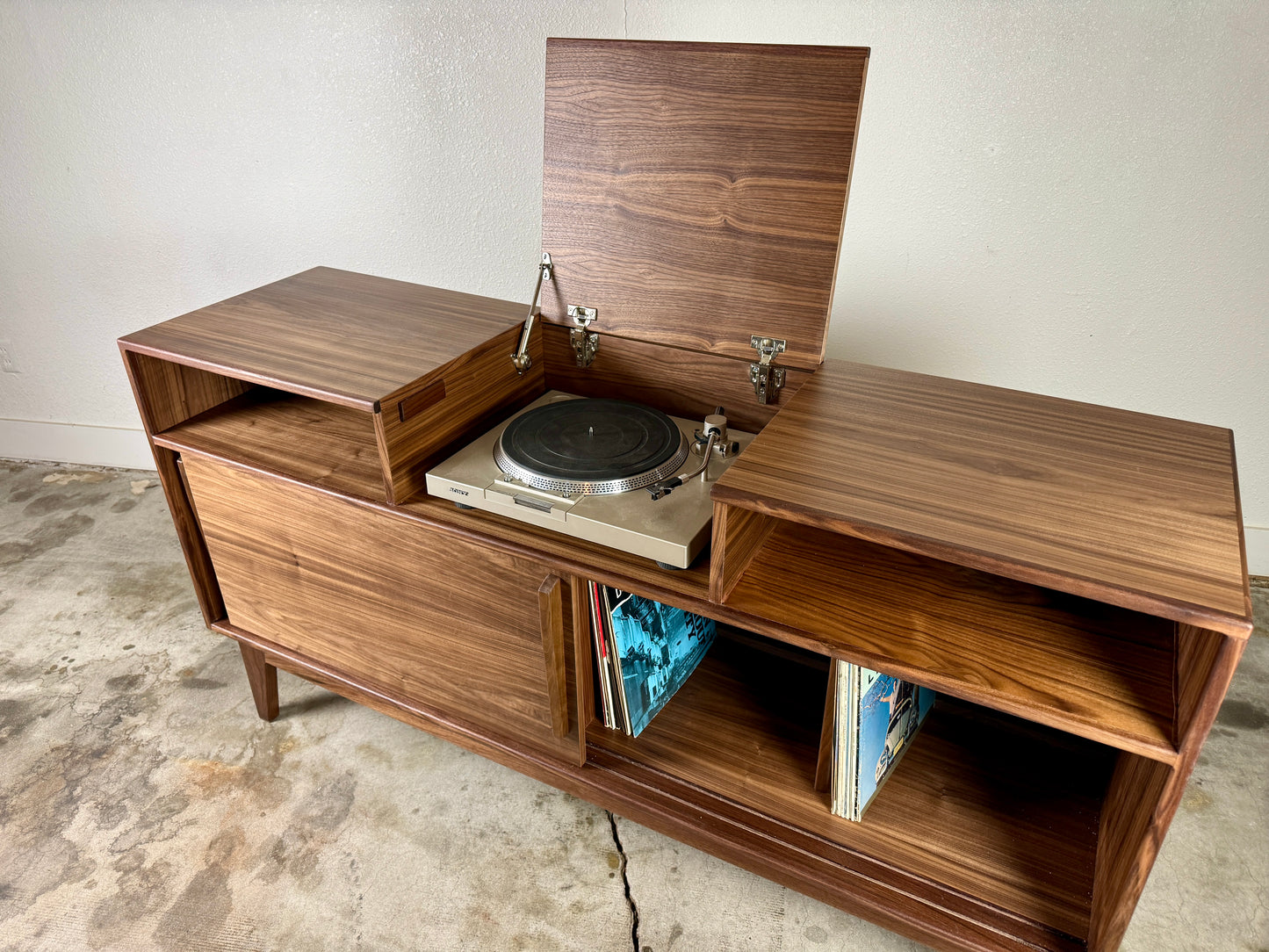Walnut Zeke console mid century modern cabinet with clean architectural design