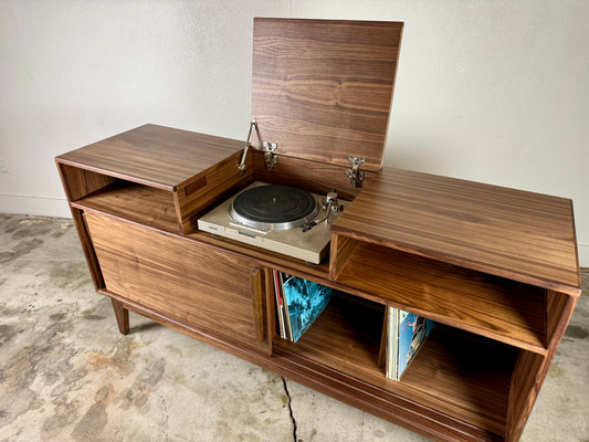 Walnut Zeke console mid century modern cabinet with clean architectural design