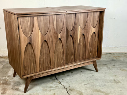 Walnut Brasilia door record player console angled view flip top mid century modern