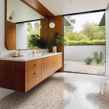 Walnut floating double sink vanity angled view mid century modern