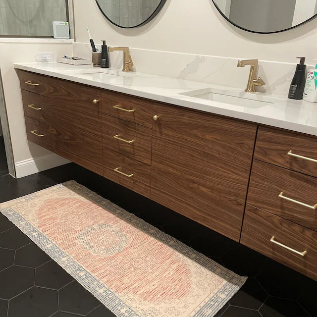 Walnut floating bathroom vanity double sink front view mid century modern