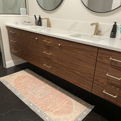 Walnut floating bathroom vanity double sink front view mid century modern