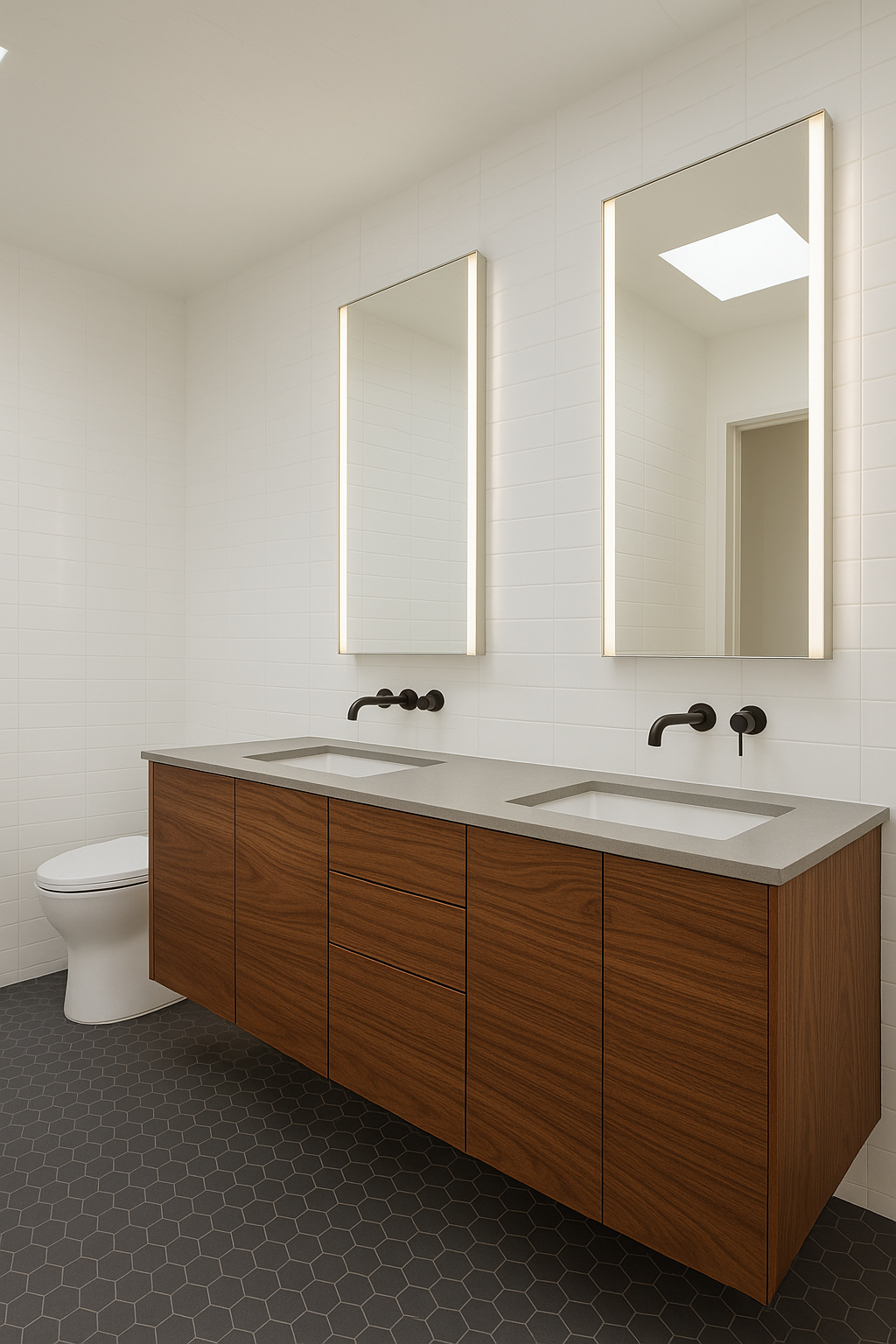 Walnut floating double sink vanity installed in modern bathroom