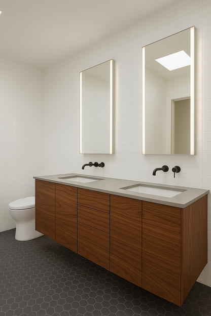 Walnut floating double sink vanity installed in modern bathroom