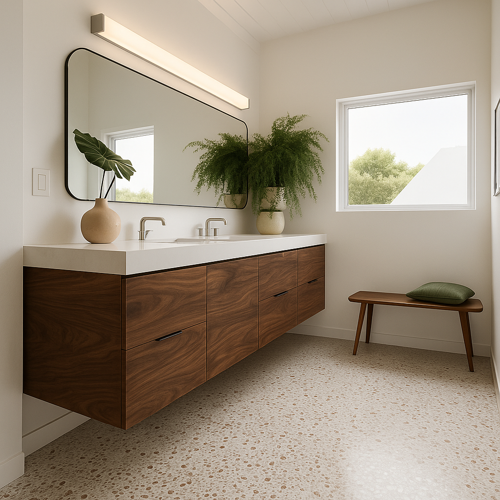 Walnut floating double sink vanity close up wood grain detail