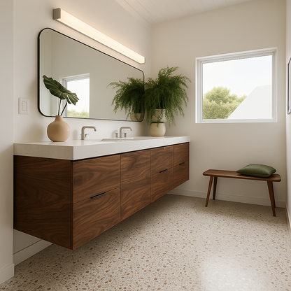 Walnut floating double sink vanity close up wood grain detail