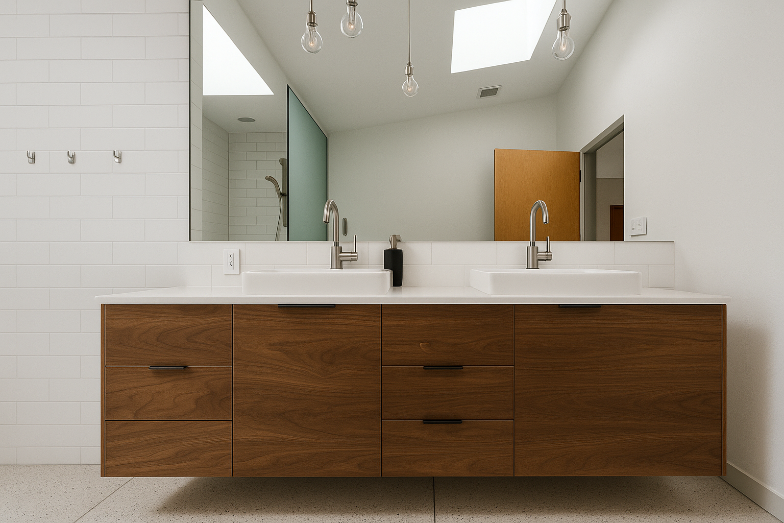 Walnut floating double sink bathroom vanity front view mid century modern