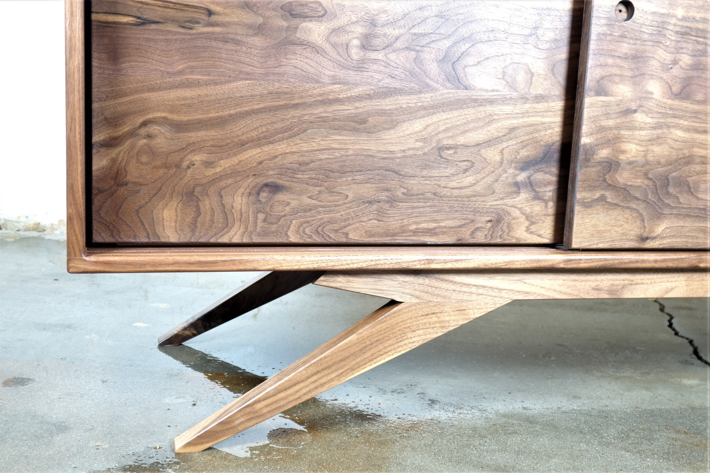 Walnut media console door detail wood grain mid century modern