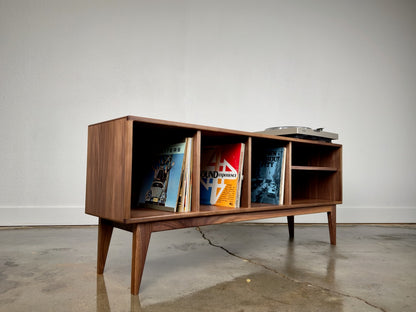 Walnut record player console angled view mid century modern