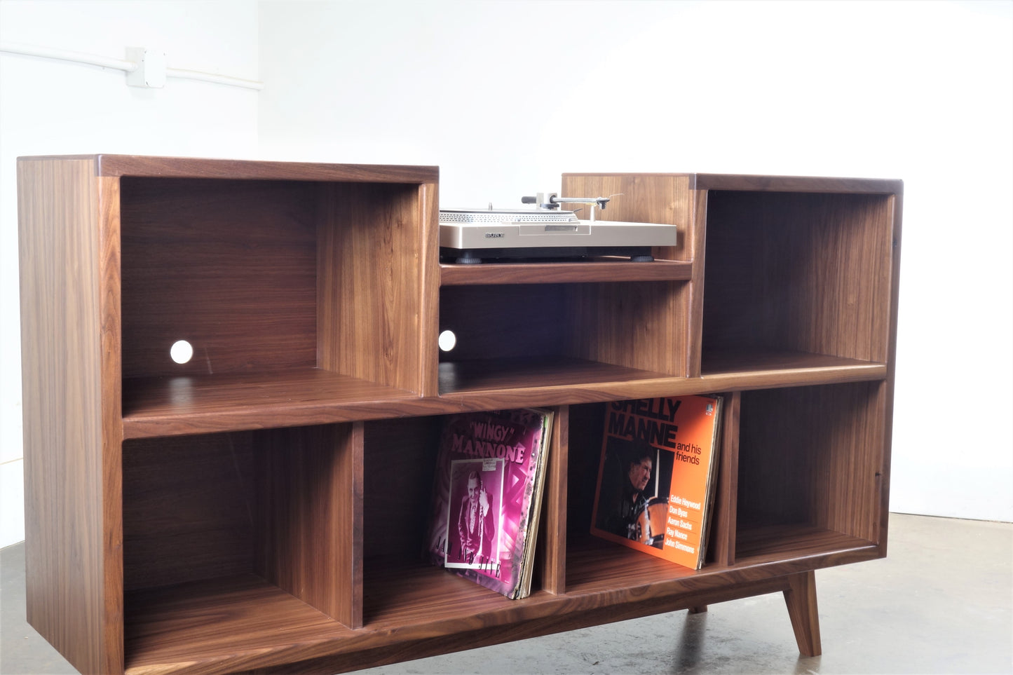 Walnut record player console curved cabinet detail mid century modern