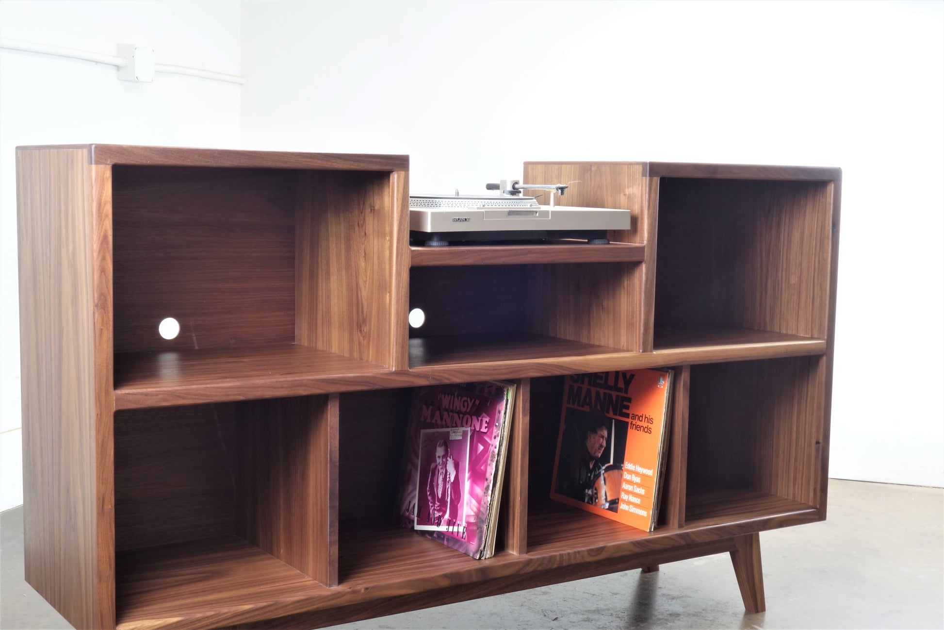 Walnut record player console curved cabinet detail mid century modern