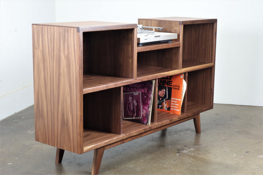 Walnut record player console with curved design mid century modern