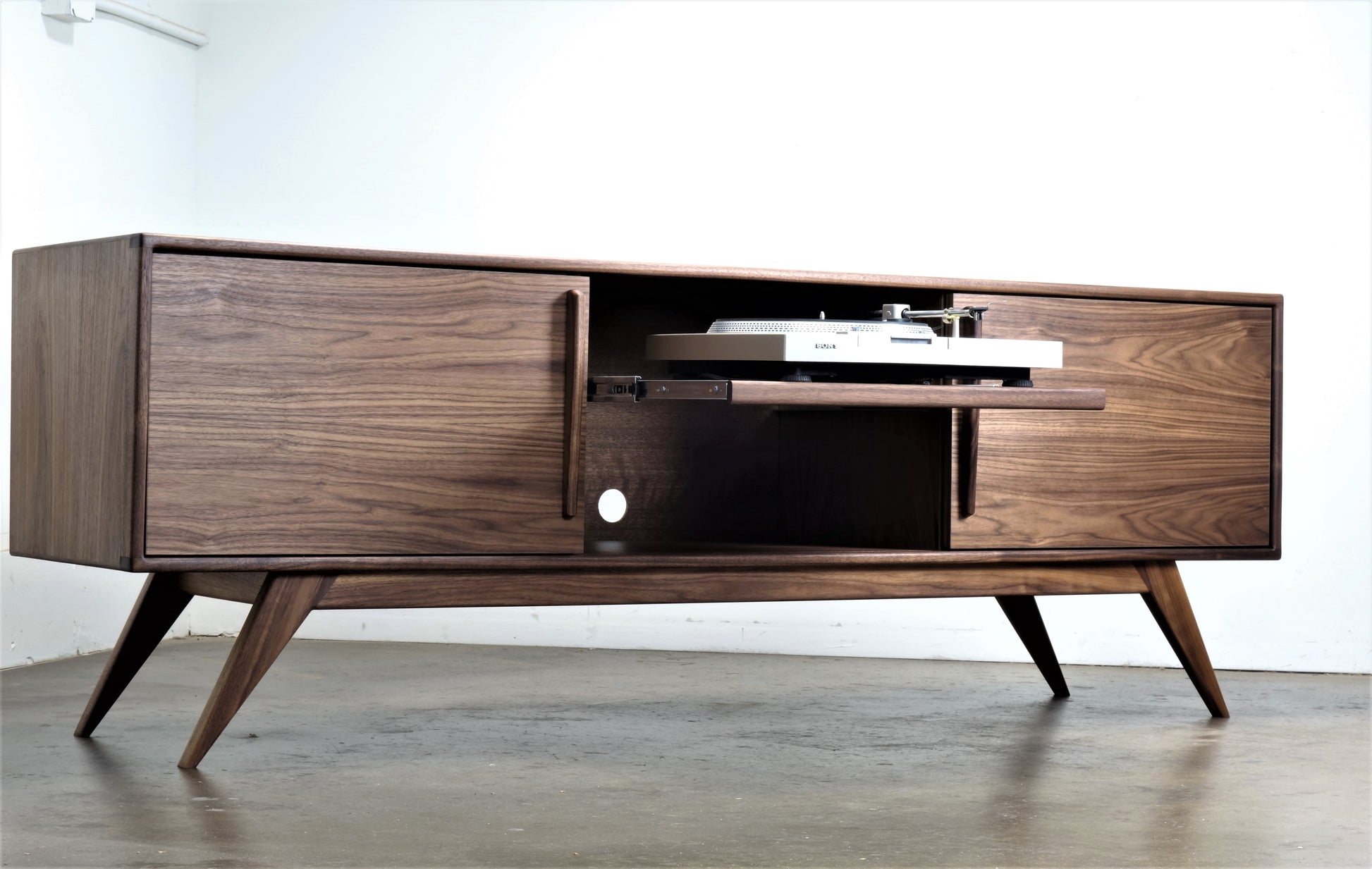 Walnut record player console BlackGold mid century modern with pull out shelf
