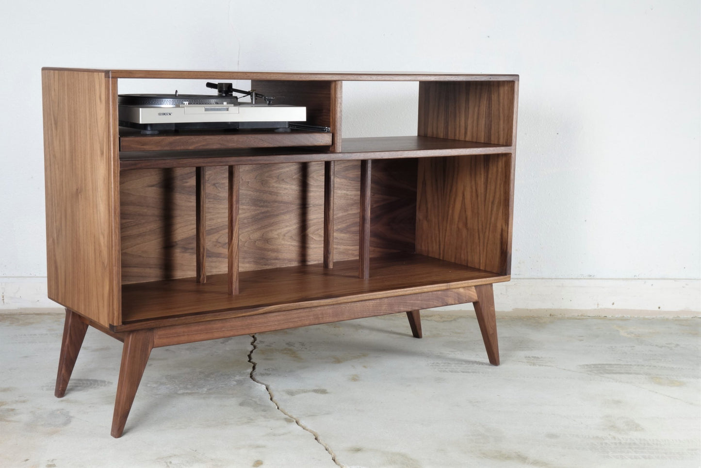 Walnut record player console with pull out turntable shelf mid century modern