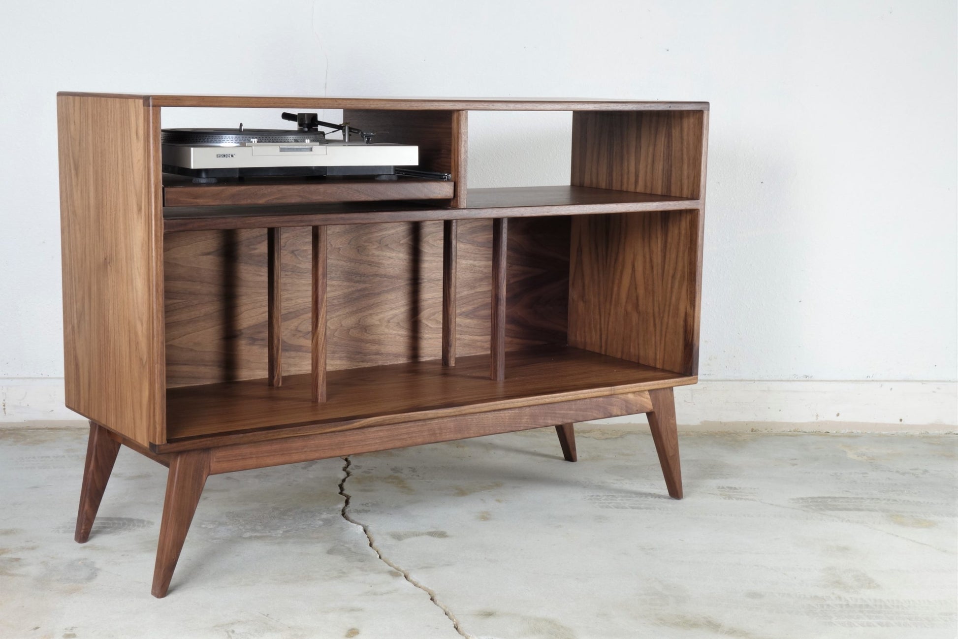 Walnut record player console with pull out turntable shelf mid century modern