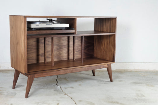 Walnut record player console with pull out turntable shelf mid century modern
