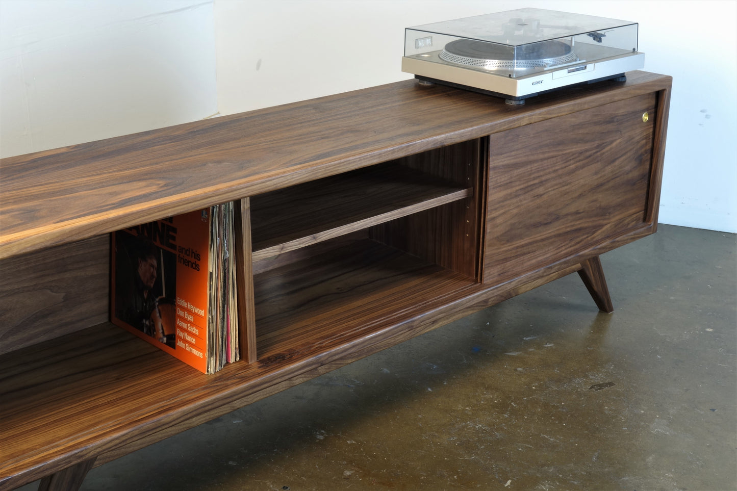 Walnut record player console vinyl storage detail mid century modern