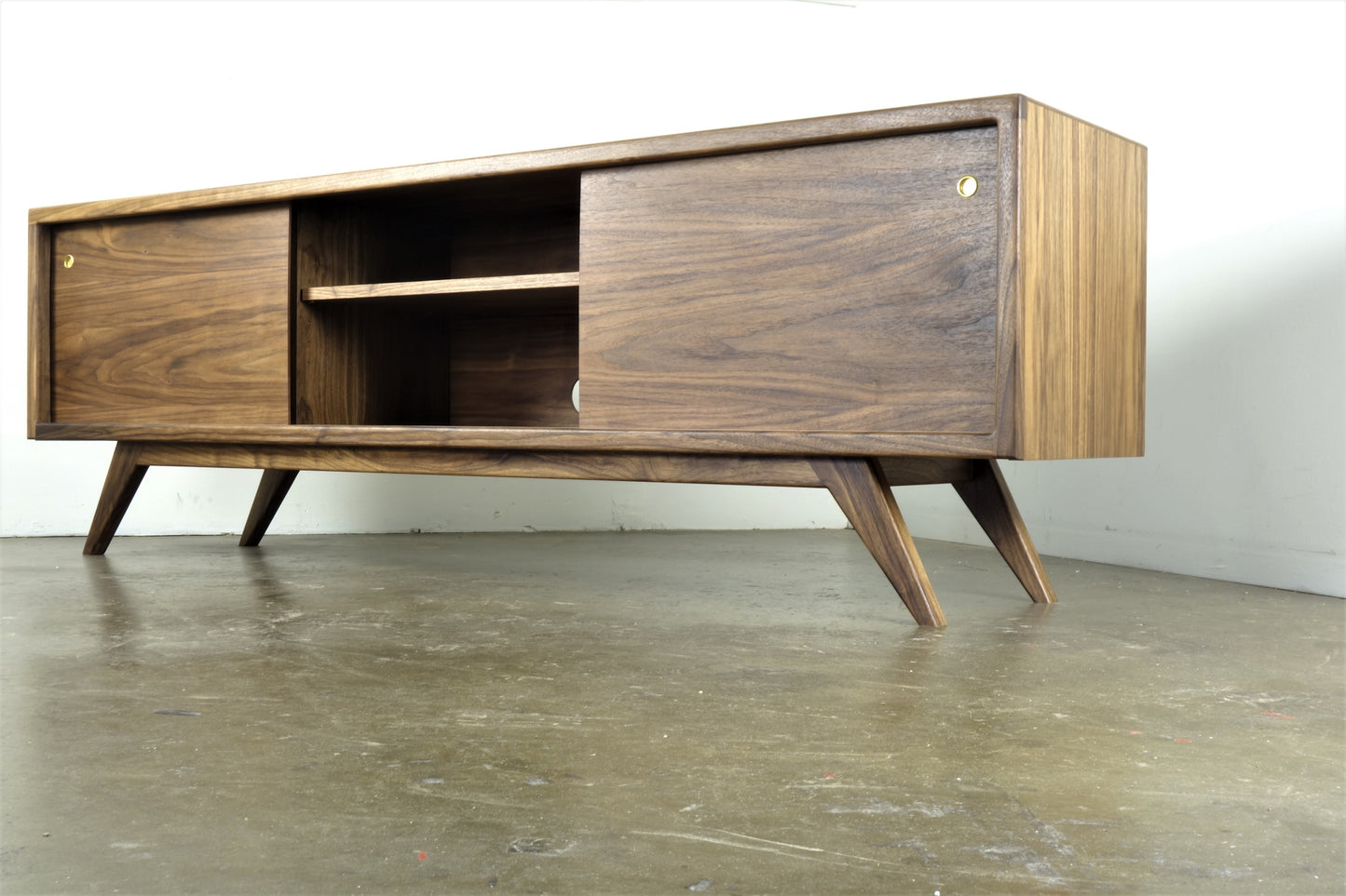 Walnut record player console angled view mid century modern
