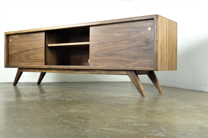 Walnut record player console angled view mid century modern