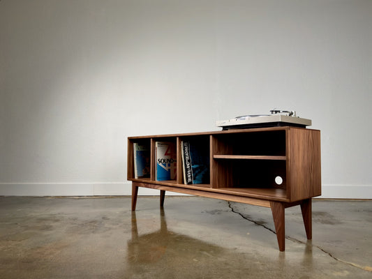 Walnut record player console with vinyl storage mid century modern