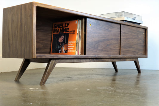 Walnut record player console with vinyl storage mid century modern