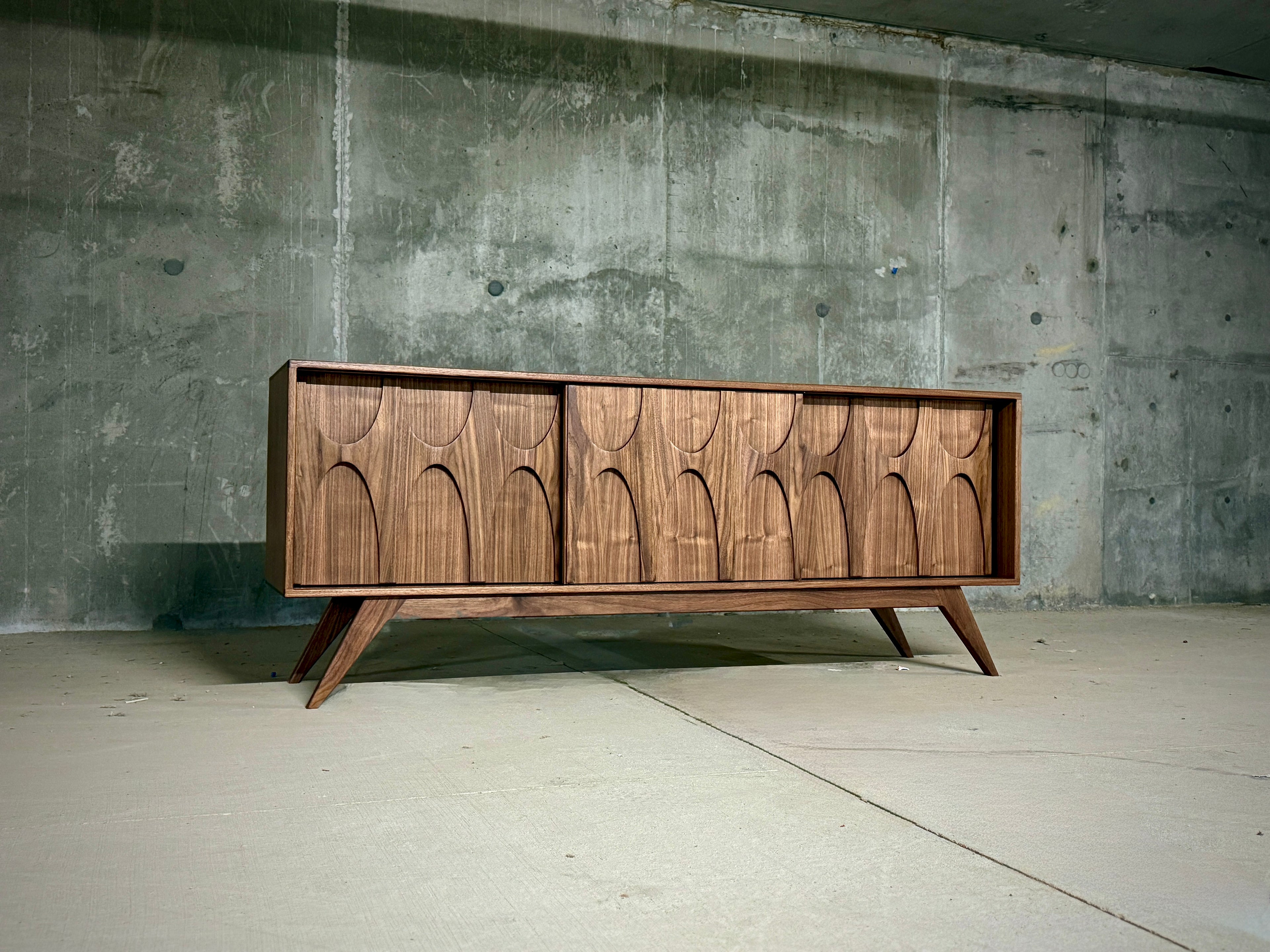 Walnut Stella J console with Brasilia style sculpted doors mid century modern