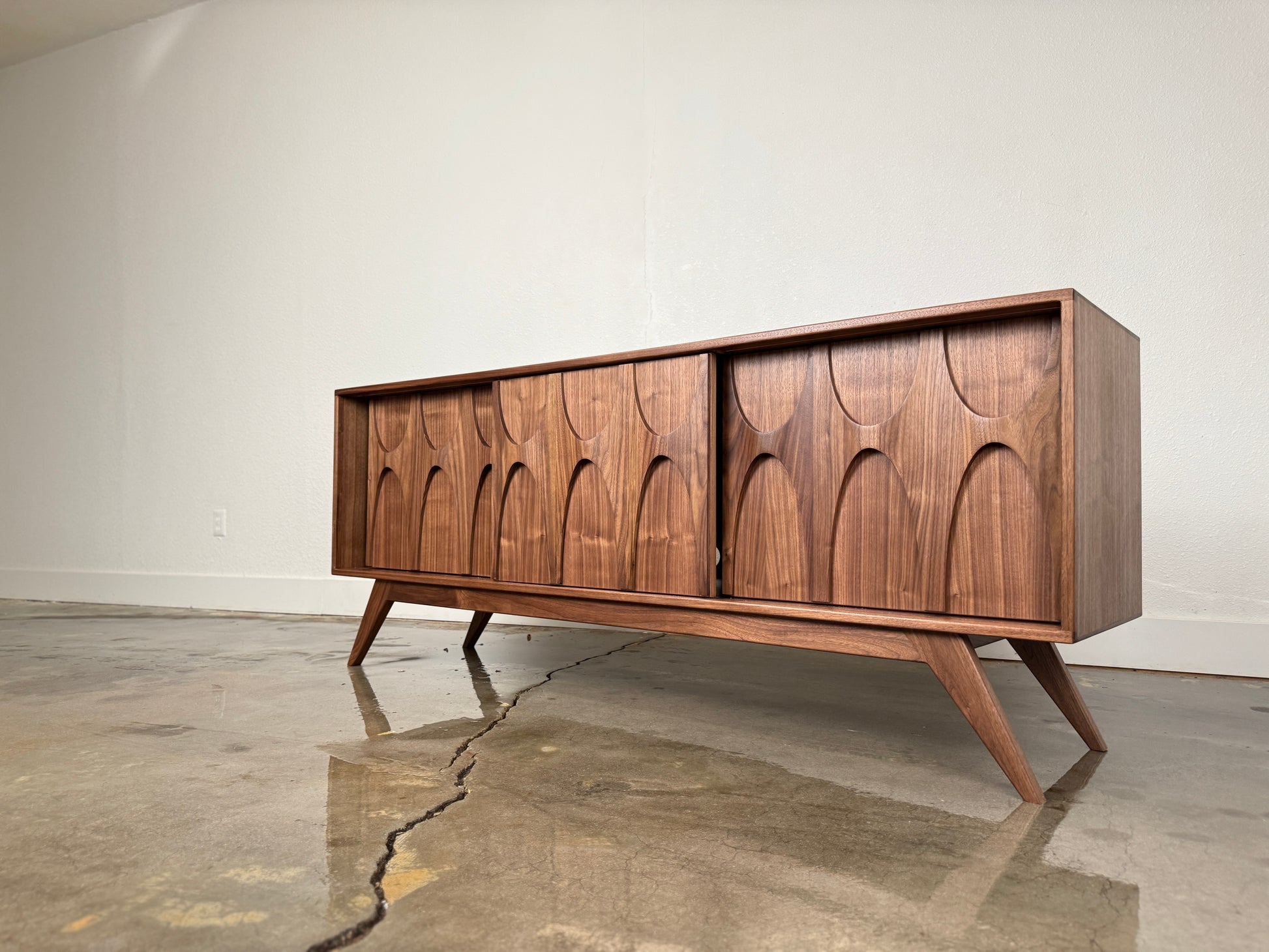 Walnut Stella J console side view mid century modern cabinet