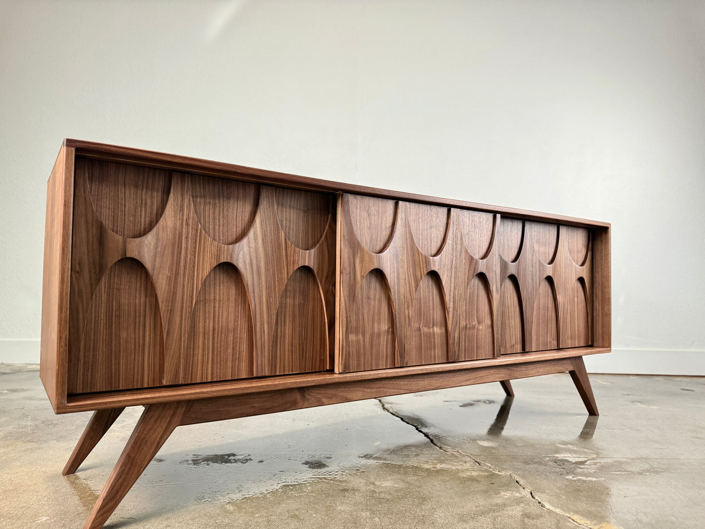 Walnut Stella J console mid century modern with sculpted doors